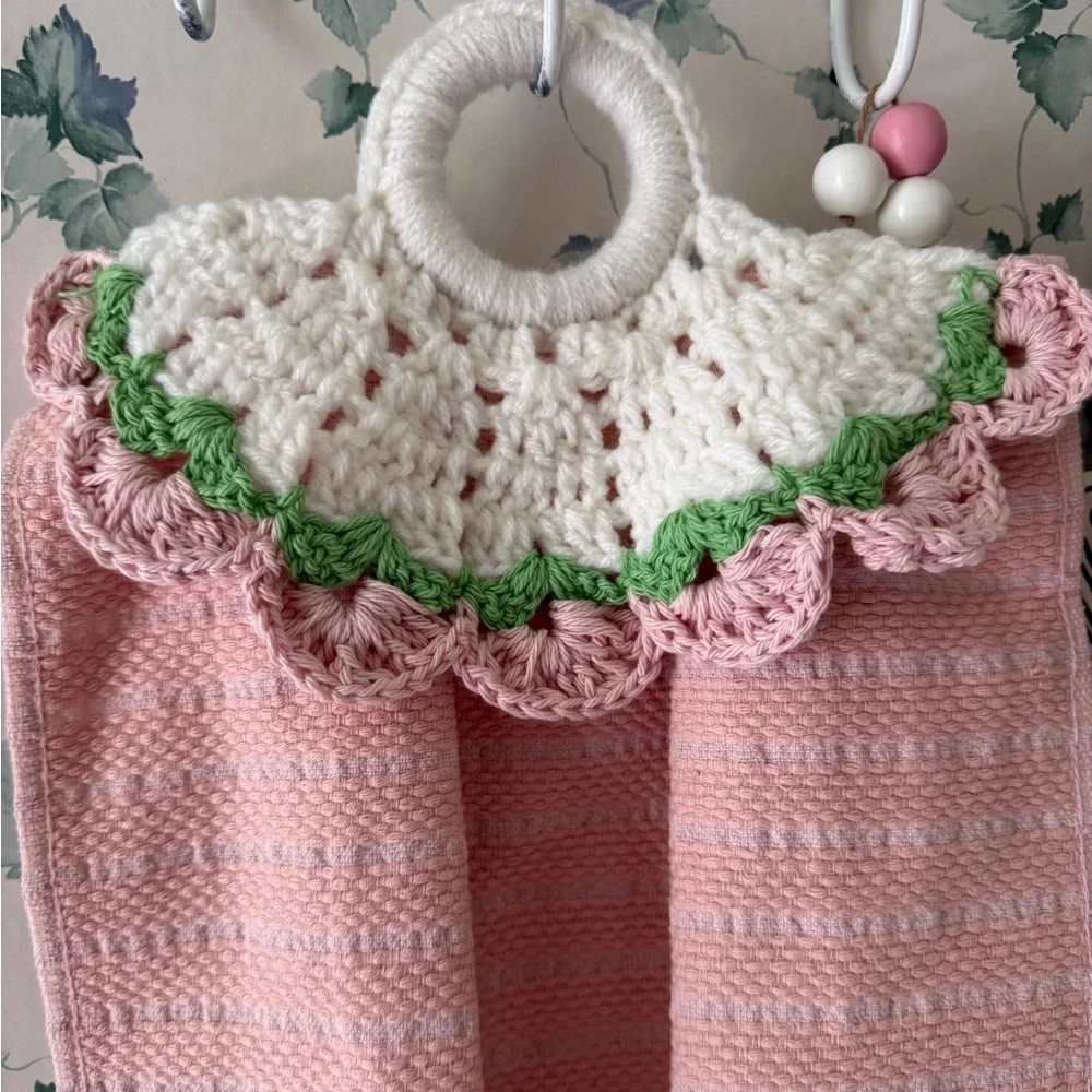 Cute Handmade Crochet Hanging Kitchen Towels Set – Pink Cottage Style